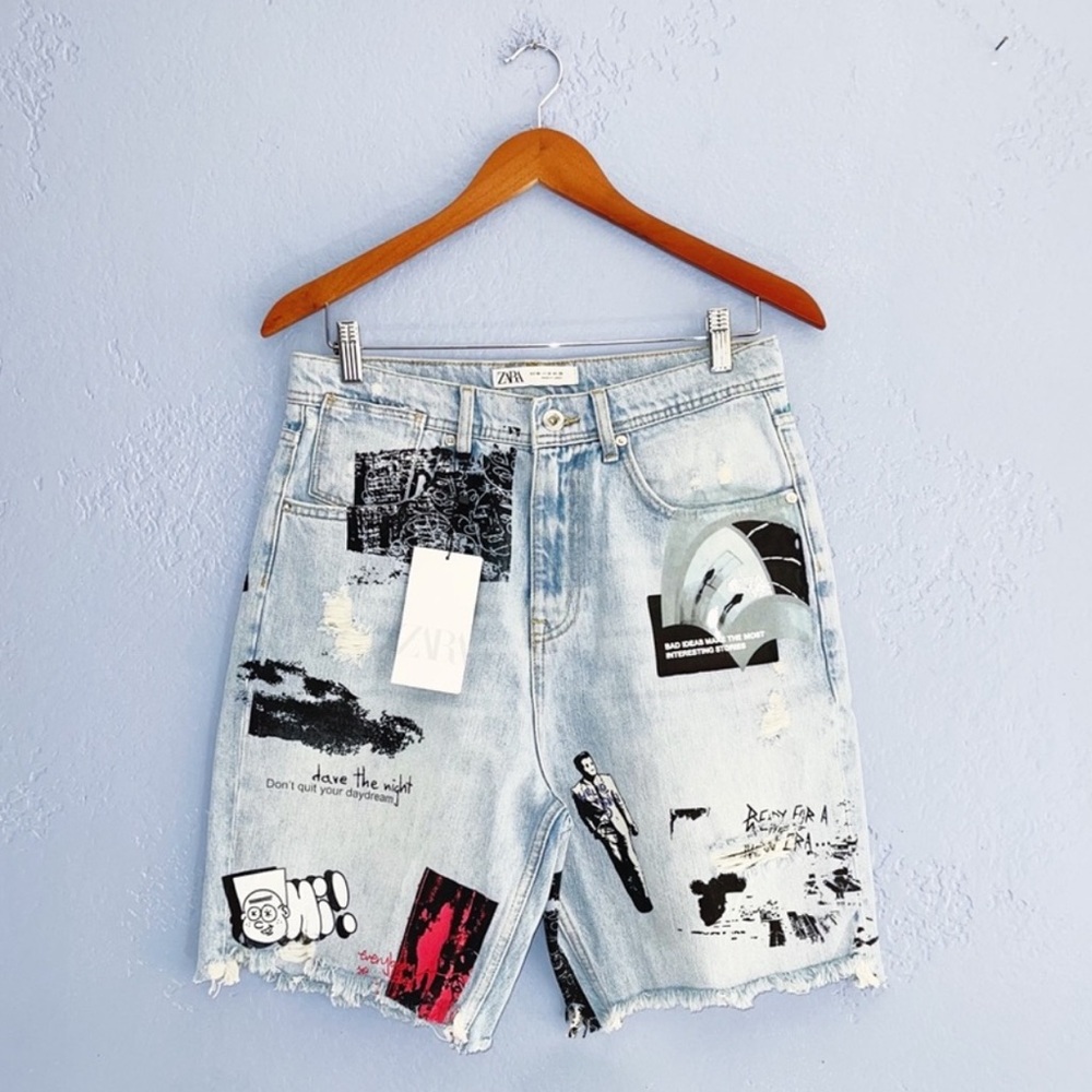 Zara MENS PAINTED DENIM RELAXED SHORTS 30